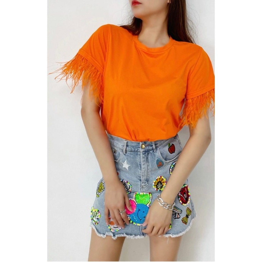 Orange Feather Sleeve Top